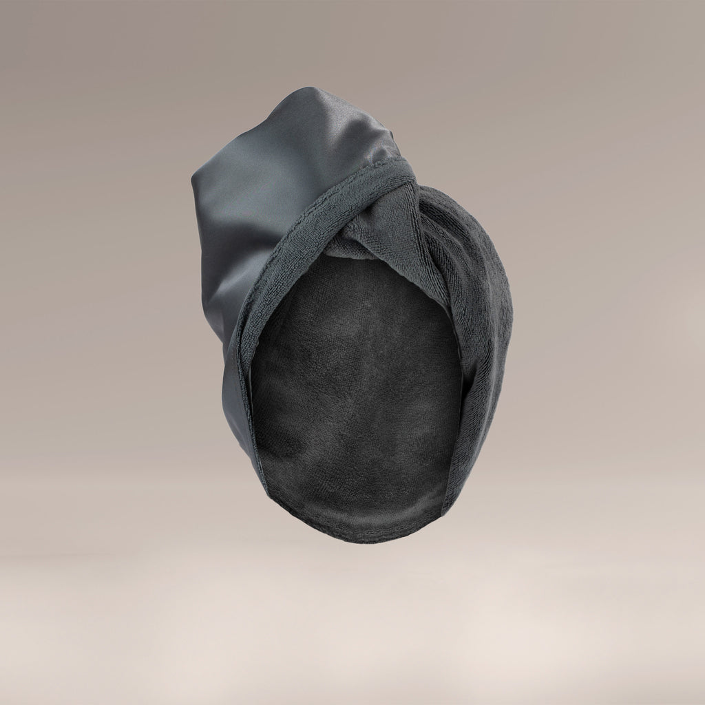 Turban z mikrofibry do szybkiego suszenia włosów - srebrna satyna